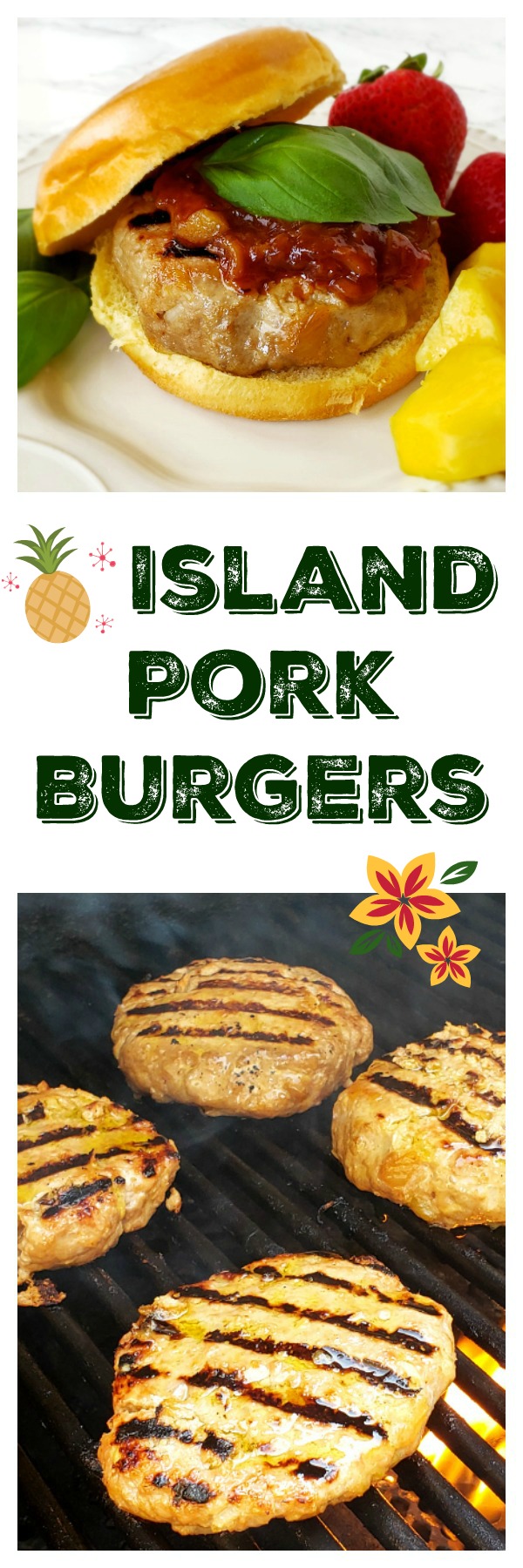 ISLAND PORK BURGERS: Smoky, sweet grilled pork burgers with pineapple, ginger, garlic and basil will put you instantly in vacation vibe. You don’t need a plane ticket for this taste of the islands! #shockinglydelicious #ad #shakeitupwithFJ #pork #groundpork #porkburgers #Hawaiian Photo collage of Island Pork Burgers grilled on ShockinglyDelicious.com