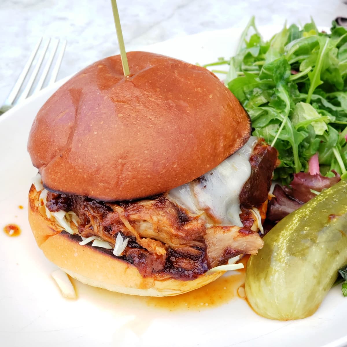 Pulled Pork Sandwich with an arugula salad alongside at the Sparrow Cafe in Malibu California