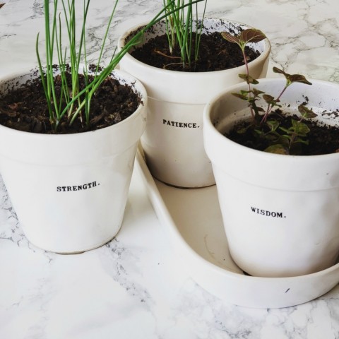 White Rae Dunn pot set on a white marble counter top