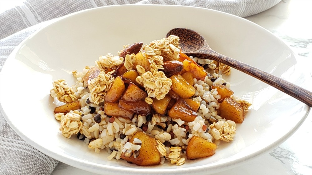 APPLE CRISP BREAKFAST BOWL:  This has all the best flavors of your favorite dessert -- cinnamon-scented caramelized apples, maple syrup, crunchy granola or nuts. Getting out of bed is suddenly worthwhile.  