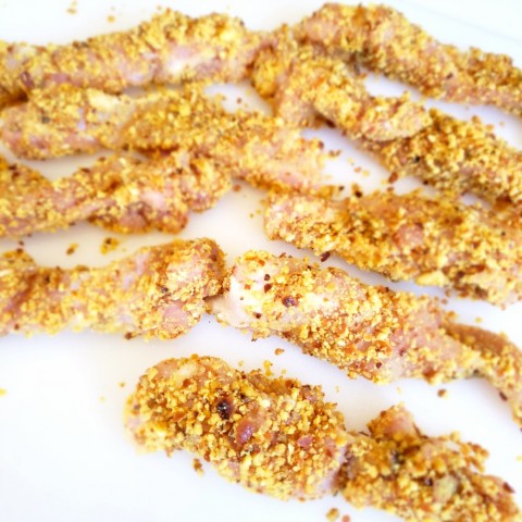 Chicken fingers breaded with pretzel crumbs