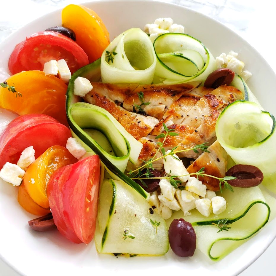 Chicken, Tomato and Cucumber Dinner Salad in a white bowl