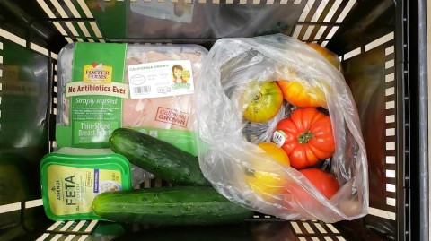 Ingredients for Chicken, Tomato and Cucumber Dinner Salad in a shopping basket