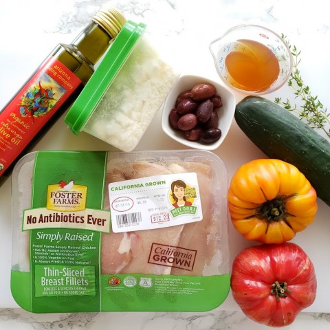 Gather ingredients for Chicken, Tomato and Cucumber Dinner Salad on ShockinglyDelicious.com