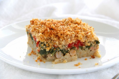 Swiss Chard and Orzo Gratin on a white plate