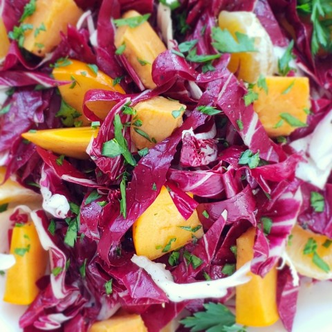 Beautiful Radicchio and Roasted Sweet Potato Salad with Persimmons and Tangerines