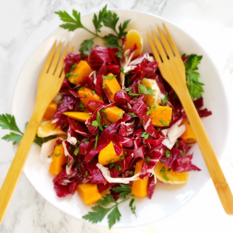 Easy Radicchio and Roasted Sweet Potato Salad with Persimmons and Tangerines