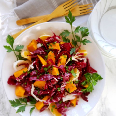 Radicchio and Roasted Sweet Potato Salad with Persimmons and Tangerines