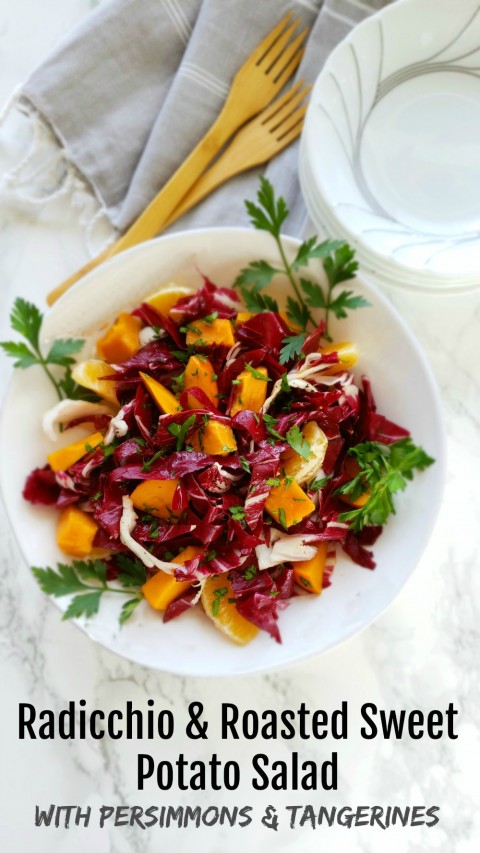 Radicchio and Roasted Sweet Potato Salad with Persimmons and Tangerines on ShockinglyDelicious.com