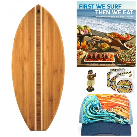 Gifts for surfers: We're stoked on these charming gifts for the surfer or surfer-wannabe in your life -- a surfer cookbook, arty hat, bamboo cutting board, ukulele dashboard doll and coconut air freshener. 