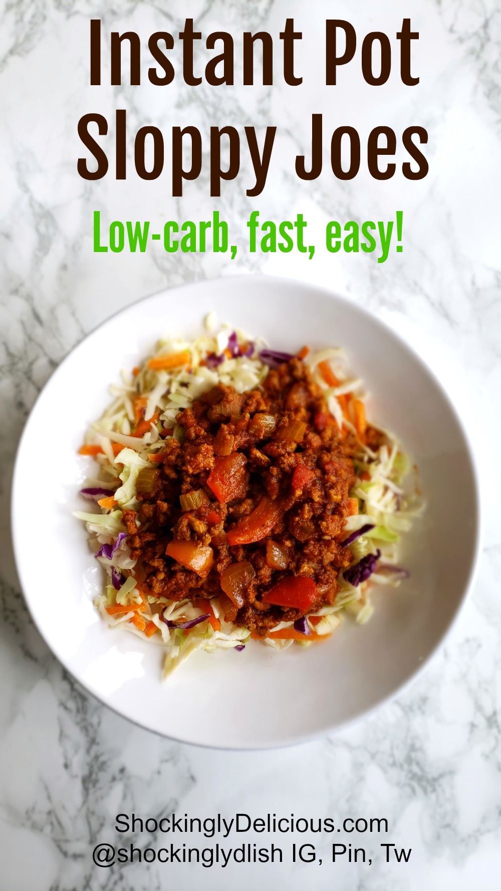 Sloppy Joes in the Instant Pot, served over shredded cabbage instead of on a bun. Presented on a white plate on ShockinglyDelicious.com