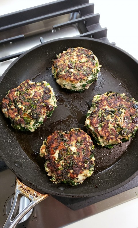 Turkey Spanakopita Burgers done in the skillet on ShockinglyDelicious.com