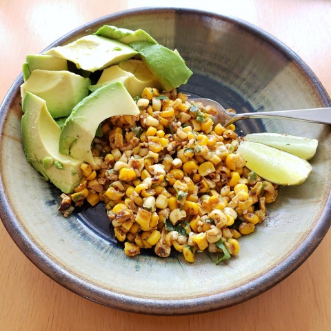 Esquites with avocado for lunch on ShockinglyDelicious.com