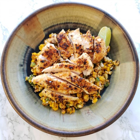 Esquites with grilled chicken for dinner on ShockinglyDelicious.com