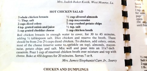 Hot chicken salad recipe from Stephanie Carr of Arkansas in an old cookbook