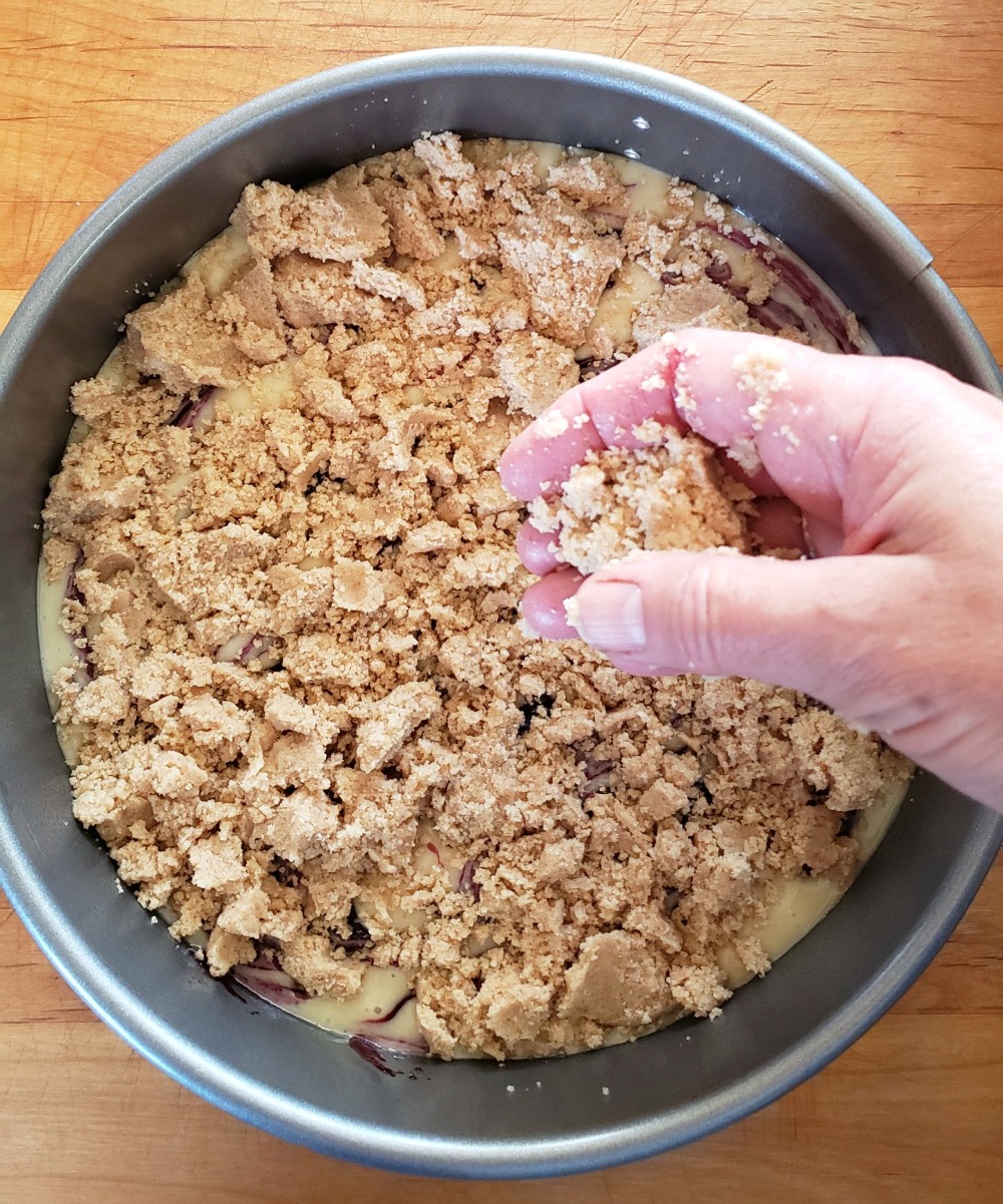 Hand holds streusel and sprinkles it atop Jam Breakfast Cake with Streusel on ShockinglyDelicious.com