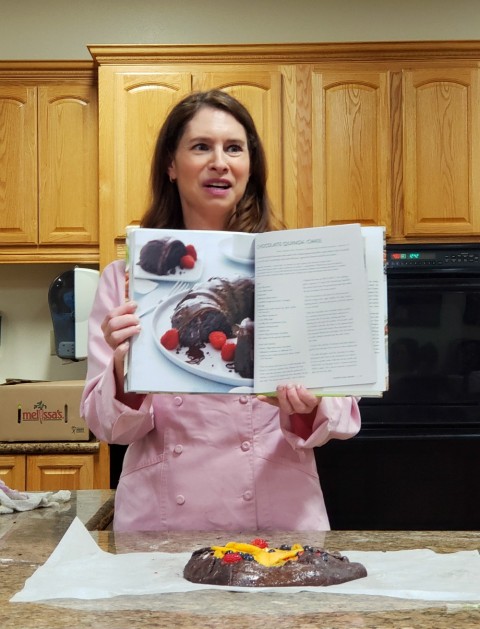 Paula Shoyer showing her Chocolate Quinoa Cake