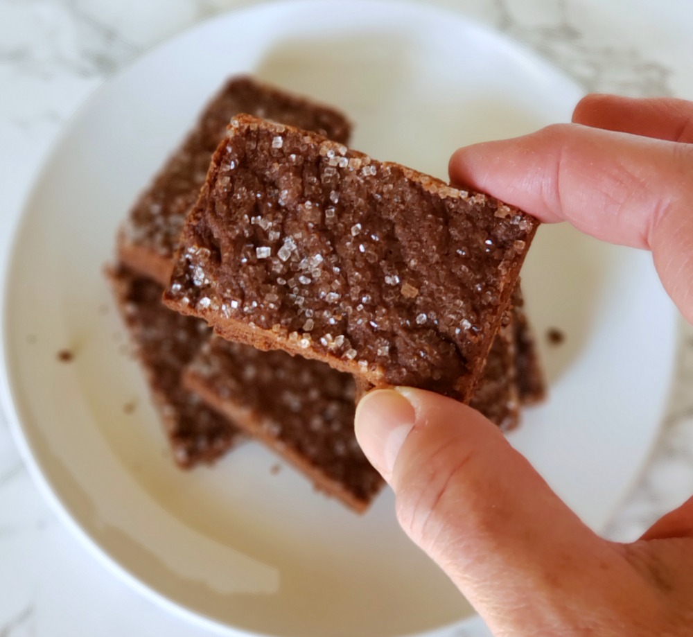 Fingers hold a piece of Chocolate Shortbread with more cookies out of focus on the white plate on ShockinglyDelicious.com