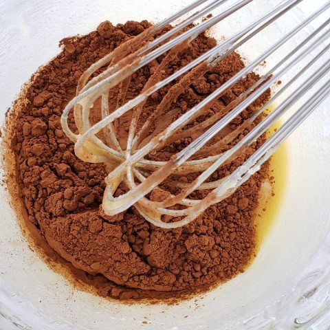 Whisk batter for Old Fashioned Fudge Pie on ShockinglyDelicious.com