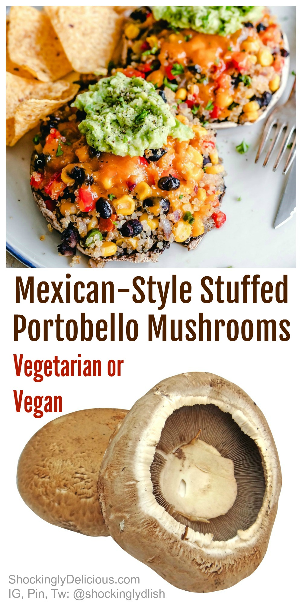 Mexican-Style Stuffed Portobello Mushrooms use the versatile, oversized mushroom cap and stuff it full of healthy ingredients, for a delicious vegetarian or vegan meal. #shockinglydelicious #portobellorecipe #mushroomrecipe #vegandinner Mexican-Style Stuffed Portobello Mushrooms easy recipe on ShockinglyDelicious.com