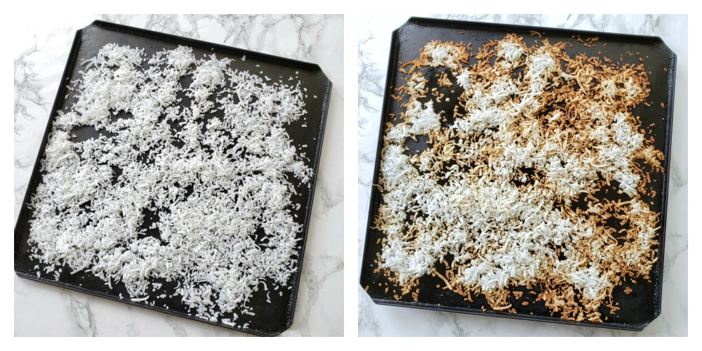 2 pans of coconut on a white counter