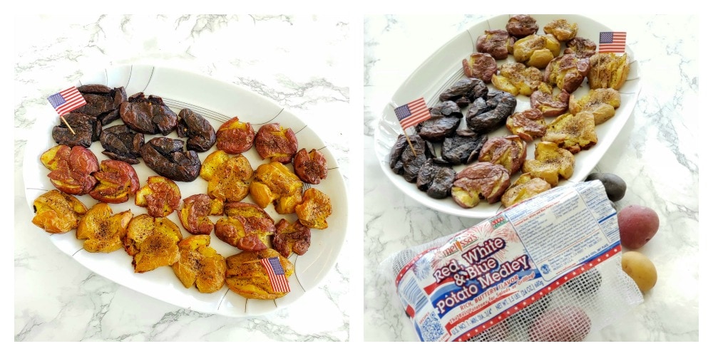 Red White and Blue Potato Flag arranged on a white plate