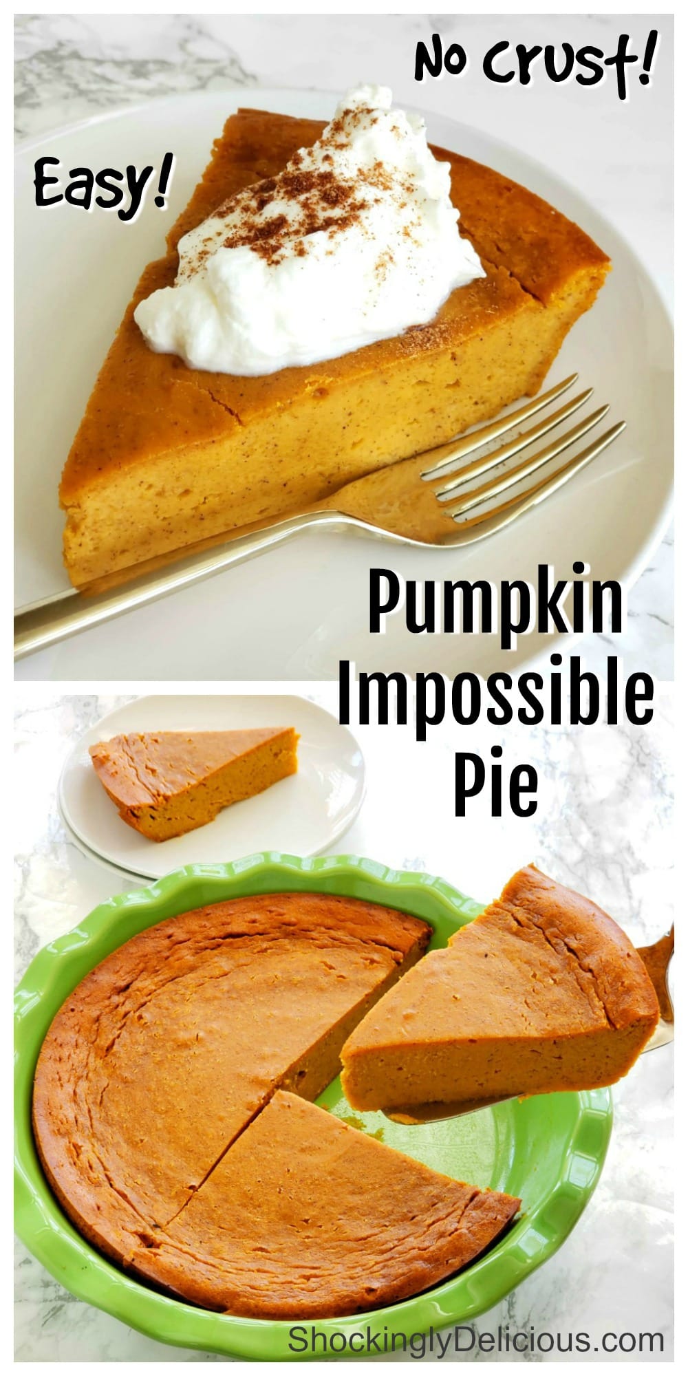 2 photo collage of Pumpkin Impossible Pie on ShockinglyDelicious.com