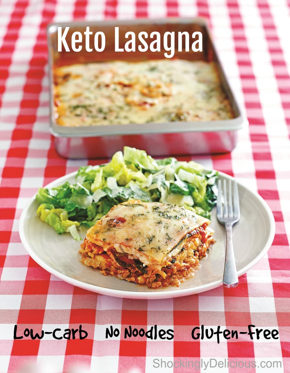 Keto Lasagna on a red checkered tablecloth