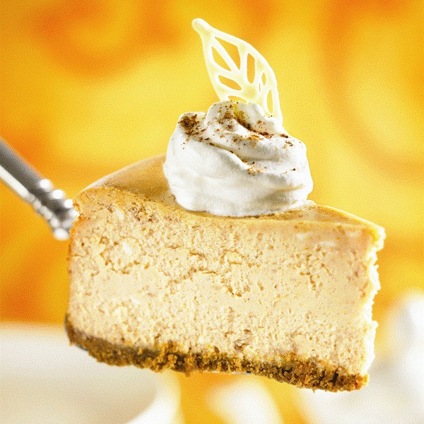 Cake server holding a wedge of Maple Pumpkin Cheesecake with whipped cream on top