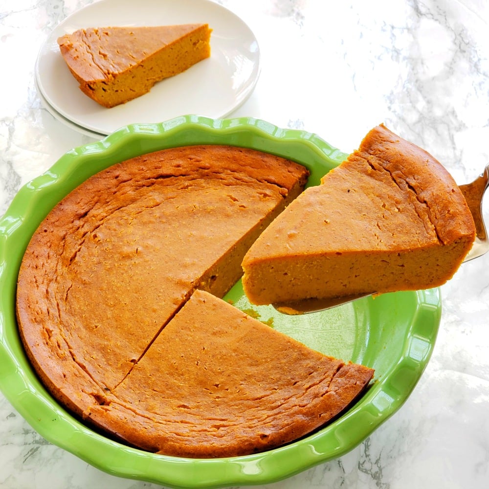 Pumpkin Impossible Pie being served from the pie plate