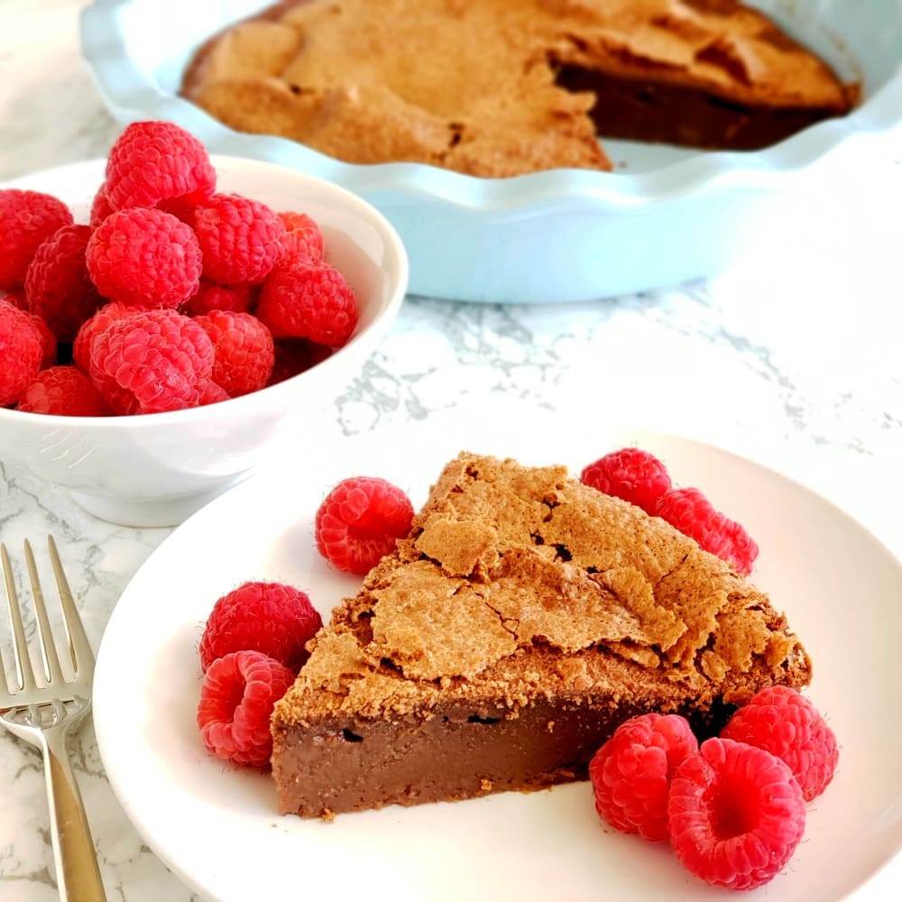 Chocolate Impossible Pie with Raspberries on top