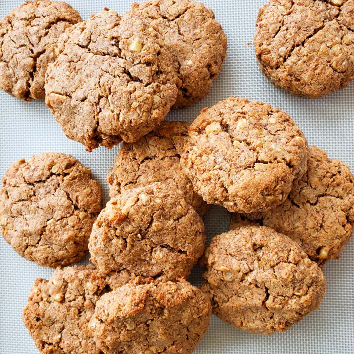 12 Roasted Banana Almond Butter Breakfast Cookies on a textured background on ShockinglyDelicious.com