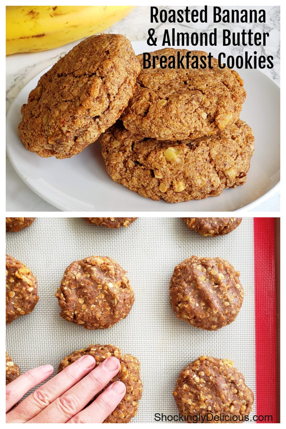 Photo collage for Roasted Banana Almond Butter Breakfast Cookies vegan recipe on ShockinglyDelicious.com