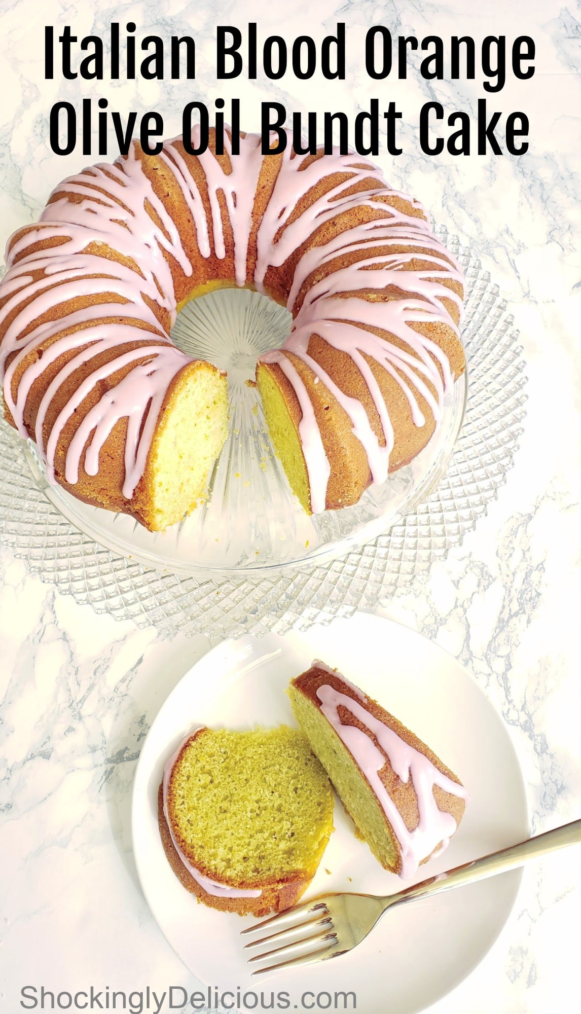 Italian Blood Orange Olive Oil Bundt Cake with a slice cut out of it on a white plate with fork