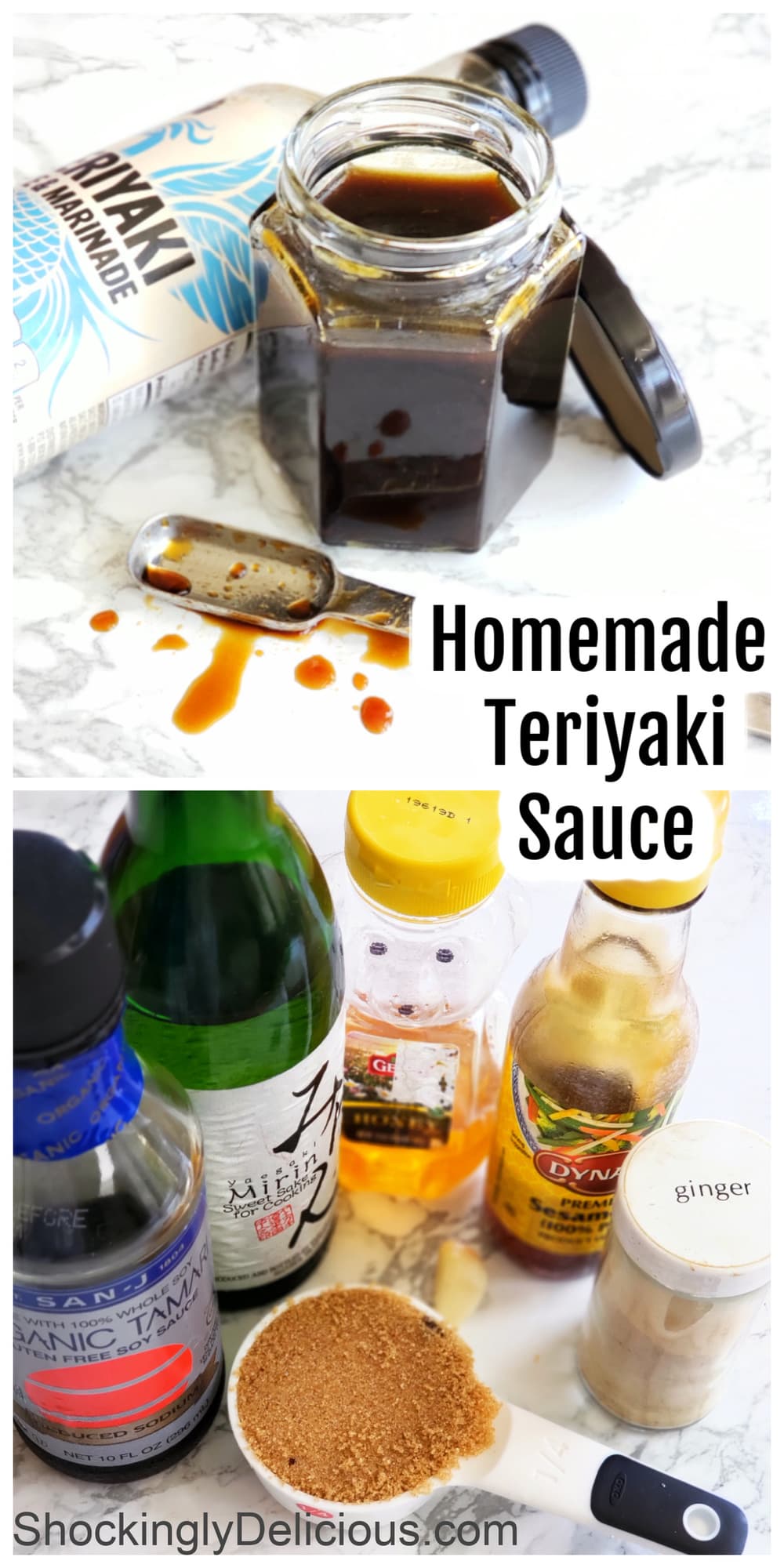 Photo collage of ingredients for Homemade Teriyaki Sauce and finished product in a glass jar on white counteriyaki Sauce