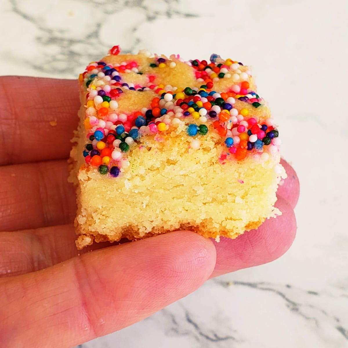 Hand holding Lemon Shortbread with Sprinkles on ShockinglyDelicious.com