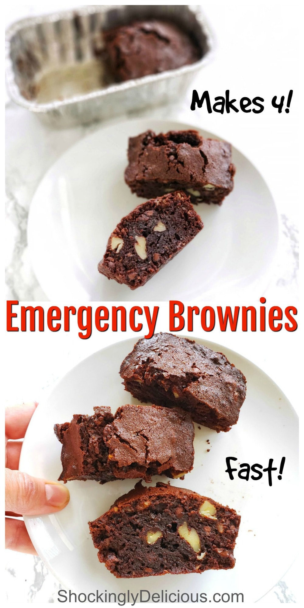 2 brownies on a white plate and 3 brownies on a white plate with a hand holding the plate with type overlaid