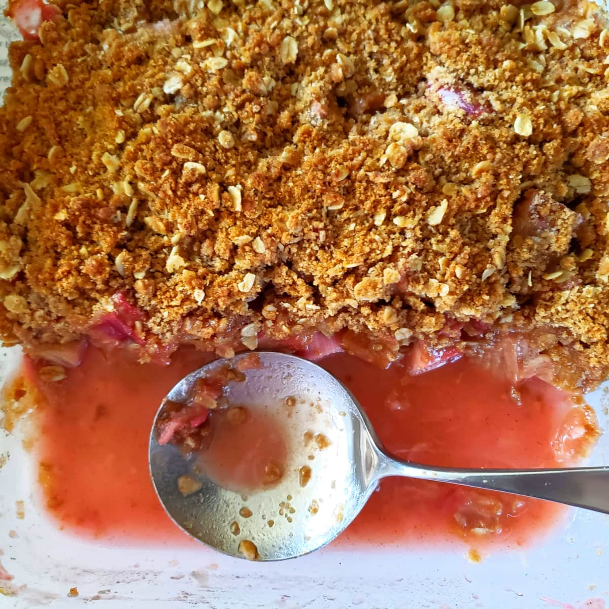 One third of the lower portion of Rhubarb Crumble is gone with juice left behind in the baking dish and a large spoon in the dish 