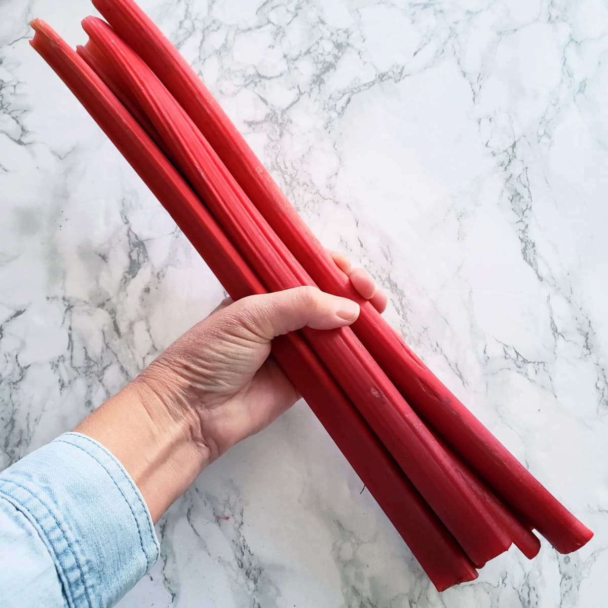 A hand holds several rhubarb stalks against a white marble counter on ShockinglyDelicious.com
