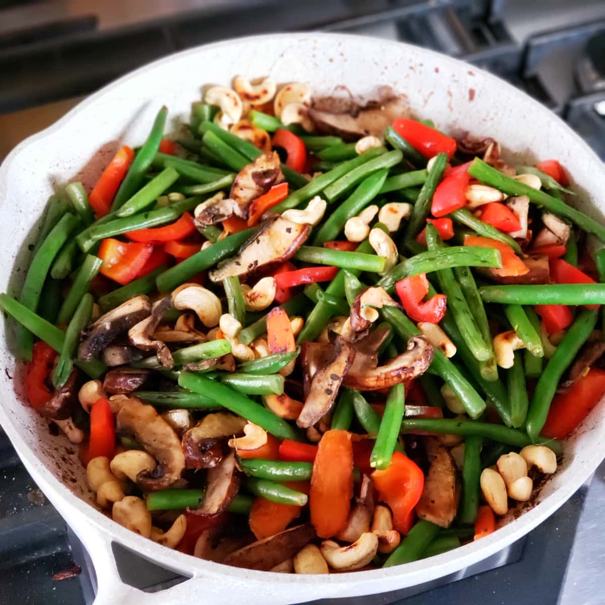 Skillet full of colorful vegetables on ShockinglyDelicious.com