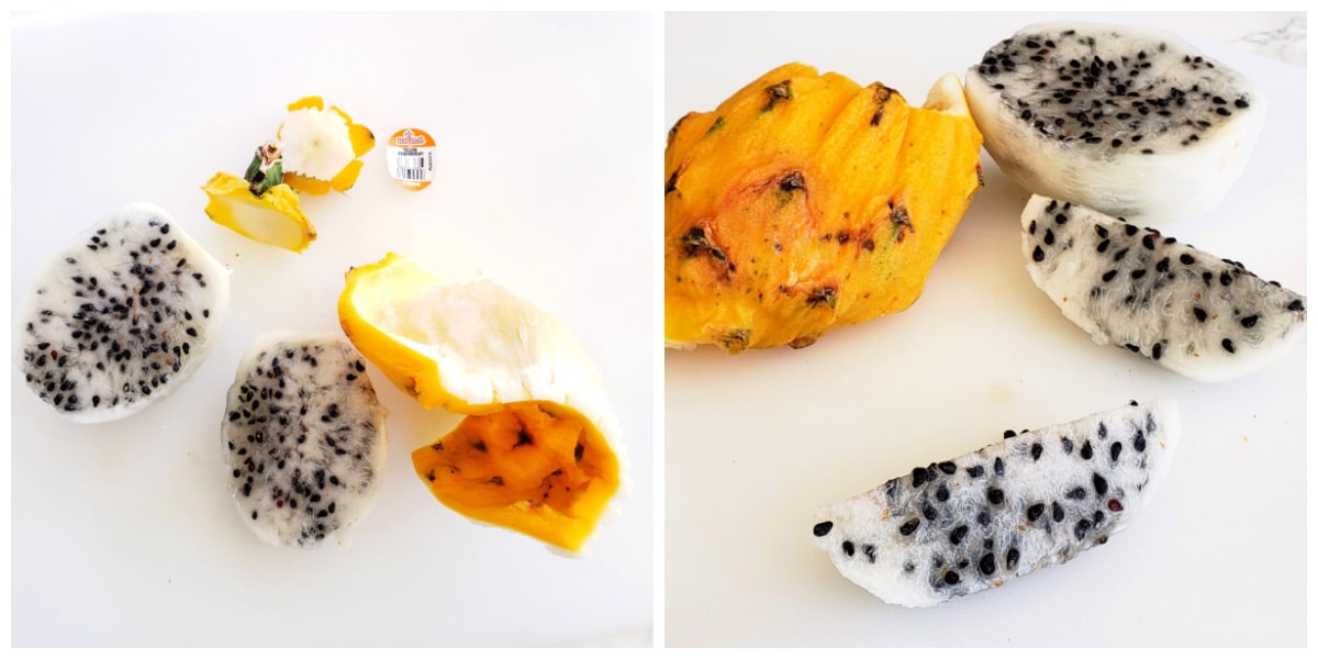 2 photos showing white dragon fruit cut into halves and quarters, with yellow skin alongside