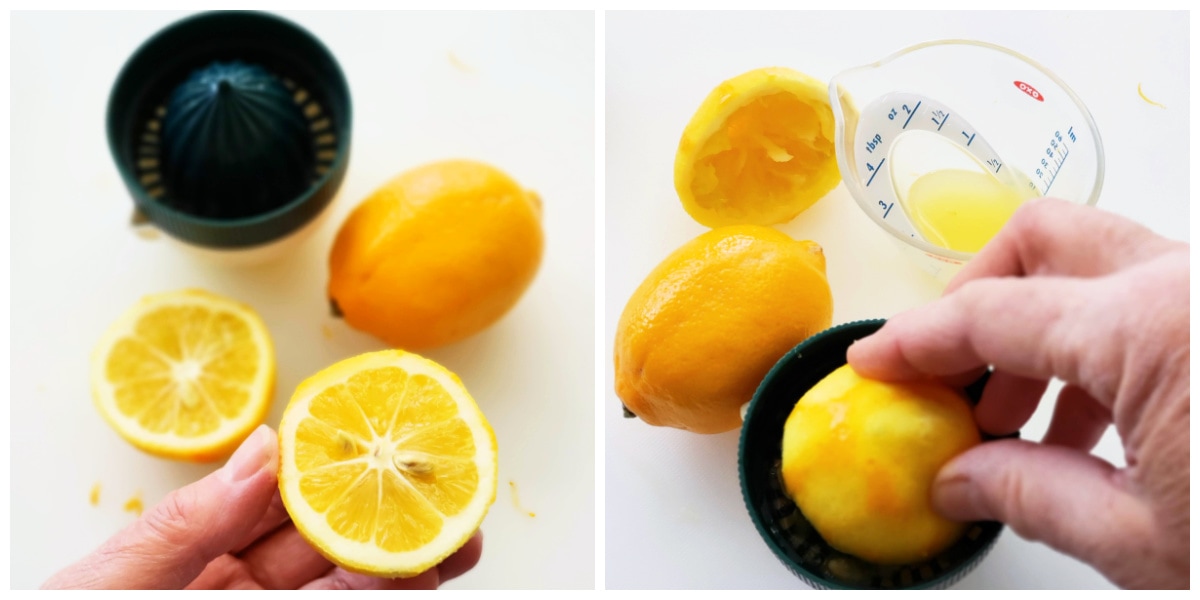 Left photo shows a hand holding half a cut lemon with other lemons and the juicer in the background; right photo shows a hand pressing on half a lemon on the juicer with other lemons and a measuring cup in the background