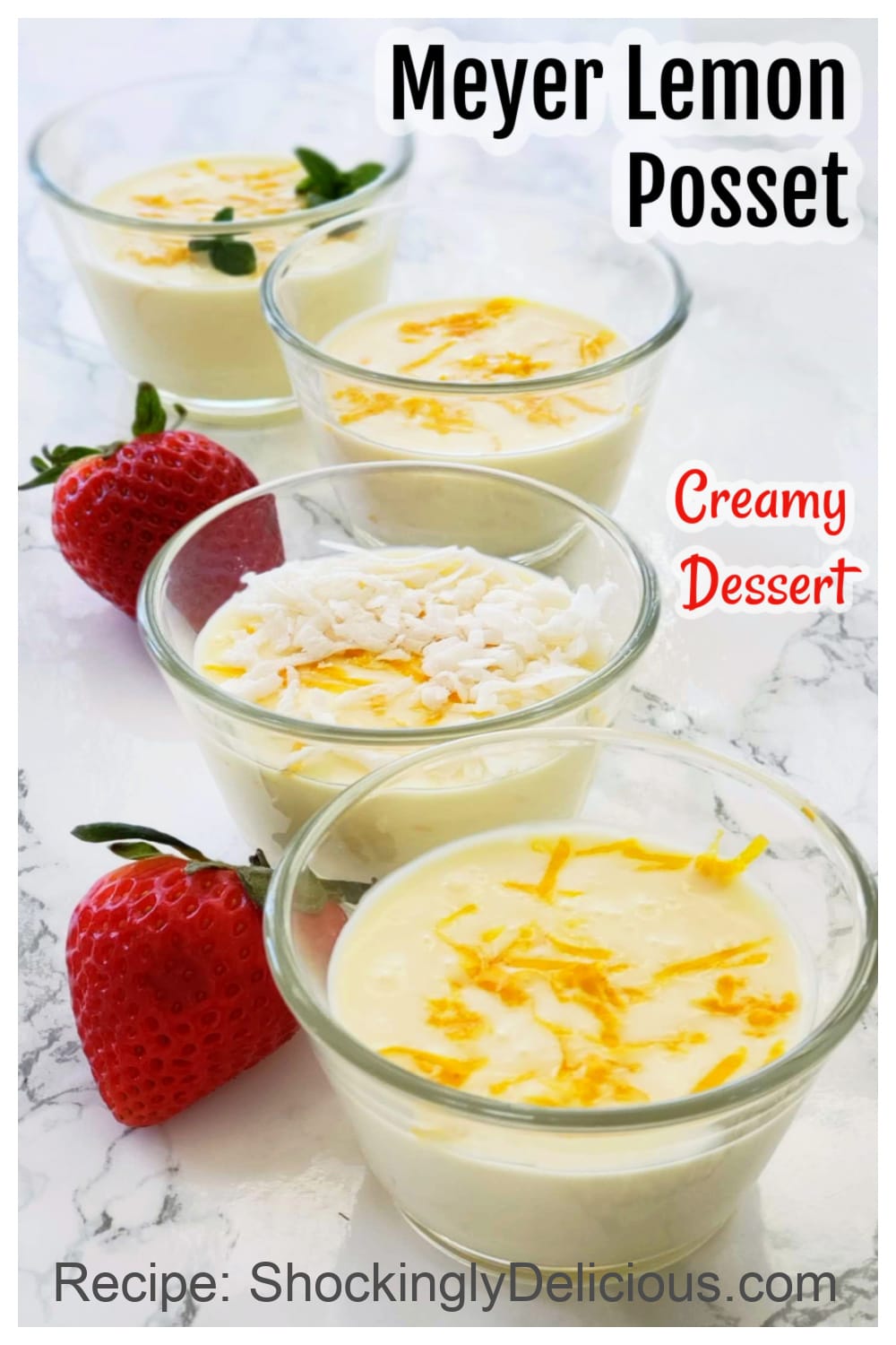 4 glass cups of yellow pudding with lemon zest on top are arrayed on a white marble counter, with the recipe title superimposed on the photo