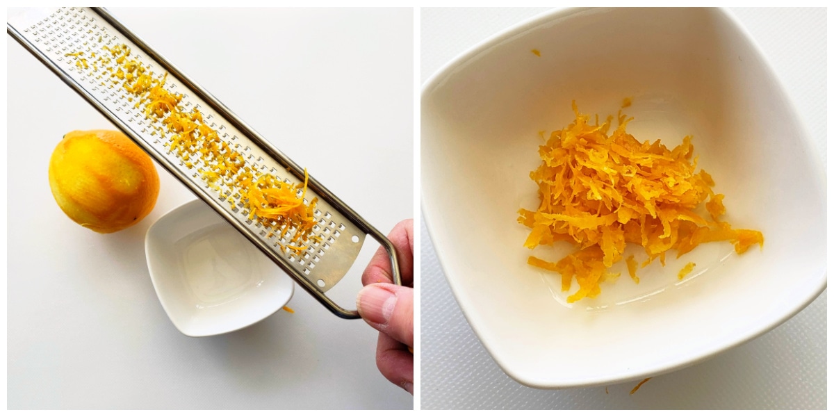 Left photo has a hand holding a microplane tool with lemon zest on it hovering over a white bowl, right photo shows a white bowl of lemo zest