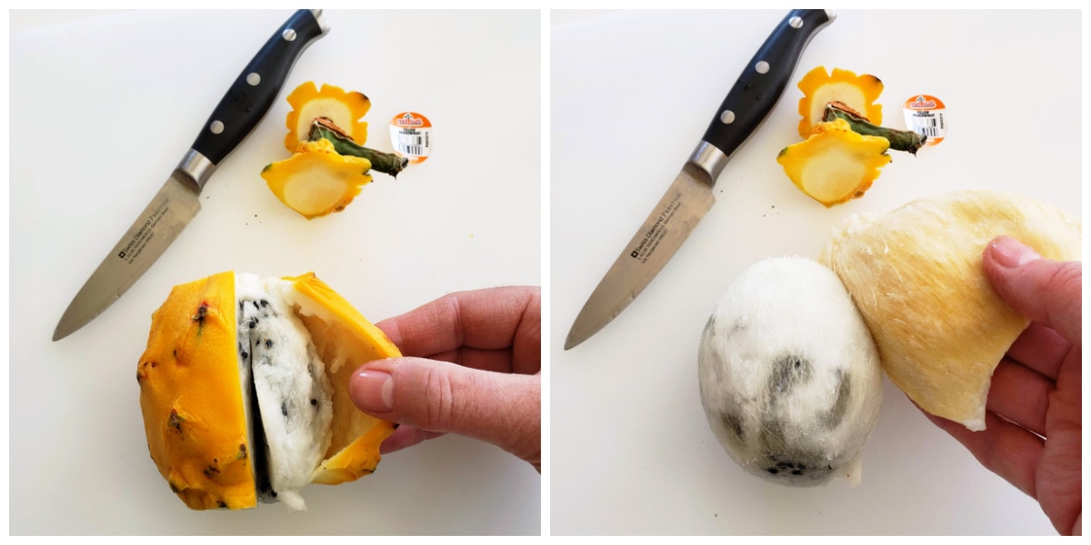 2 photos with a hand and a knife showing how to peel yellow skin off a white dragon fruit