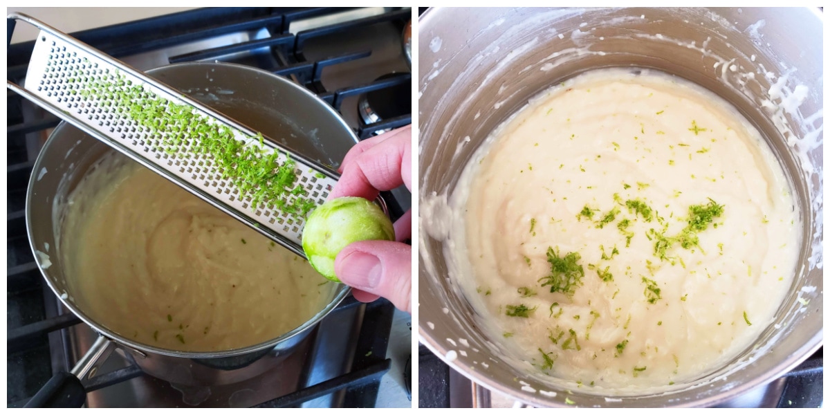 Left photo shows hand holding small lime being zested with a metal tool. Right photo is lime zest added to coconut pudding. 
