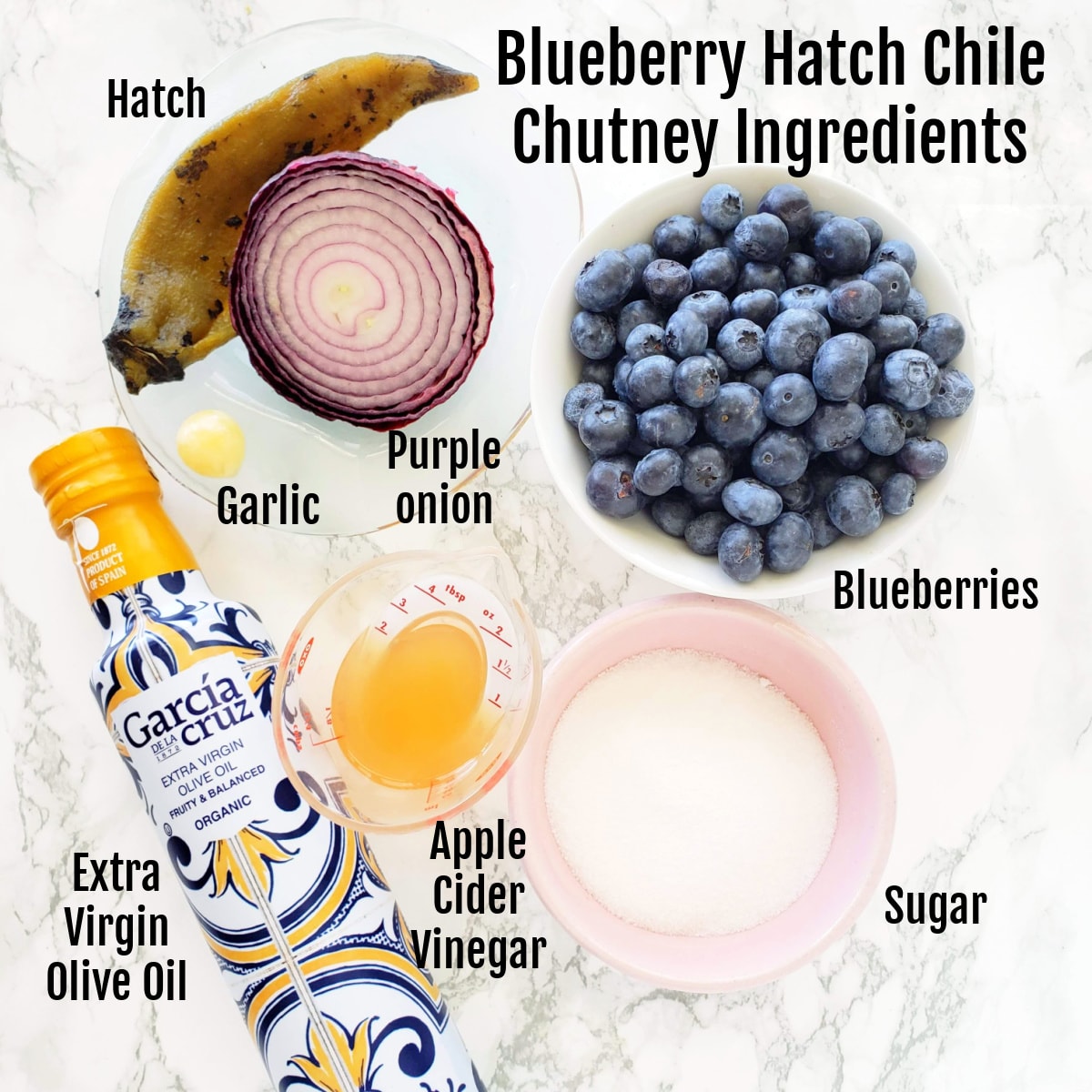 Ingredients for Blueberry Hatch Chile Chutney laid out on a white marble counter with each ingredient labeled