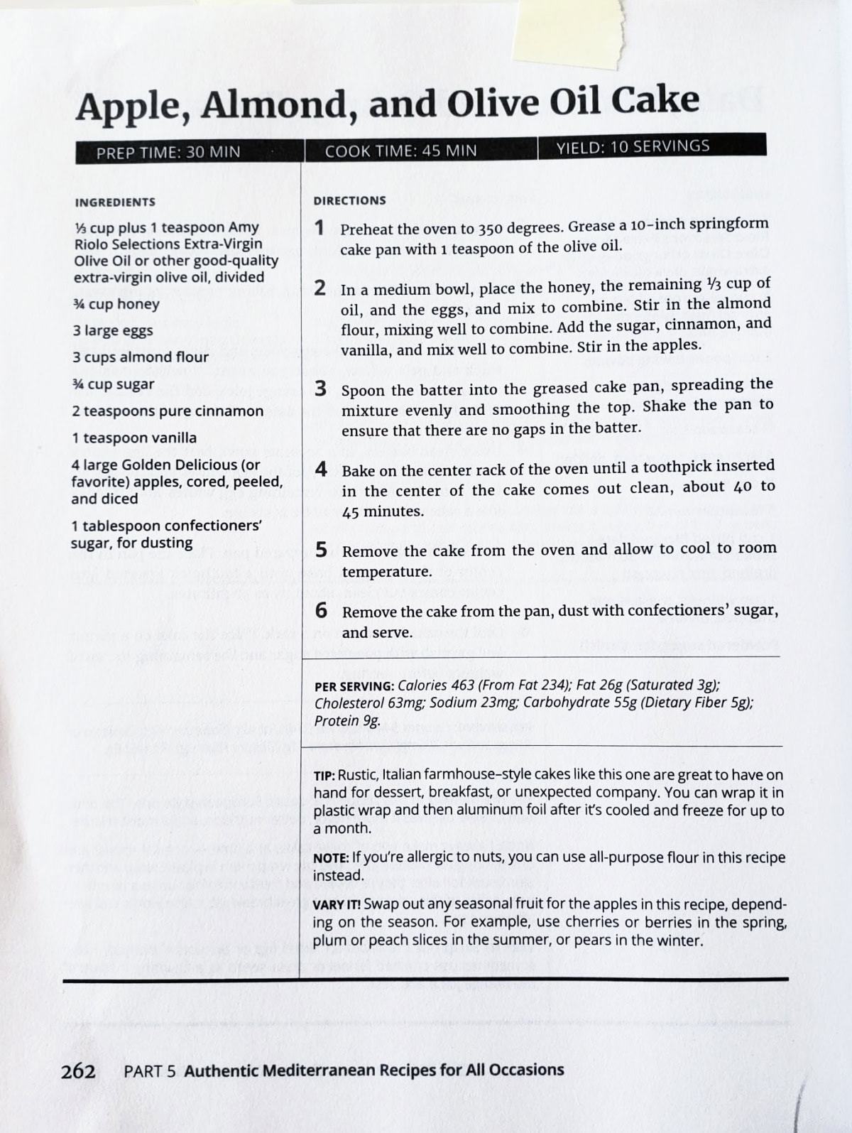 Screenshot of a cookbook page with the recipe for Apple Almond and Olive Oil Cake