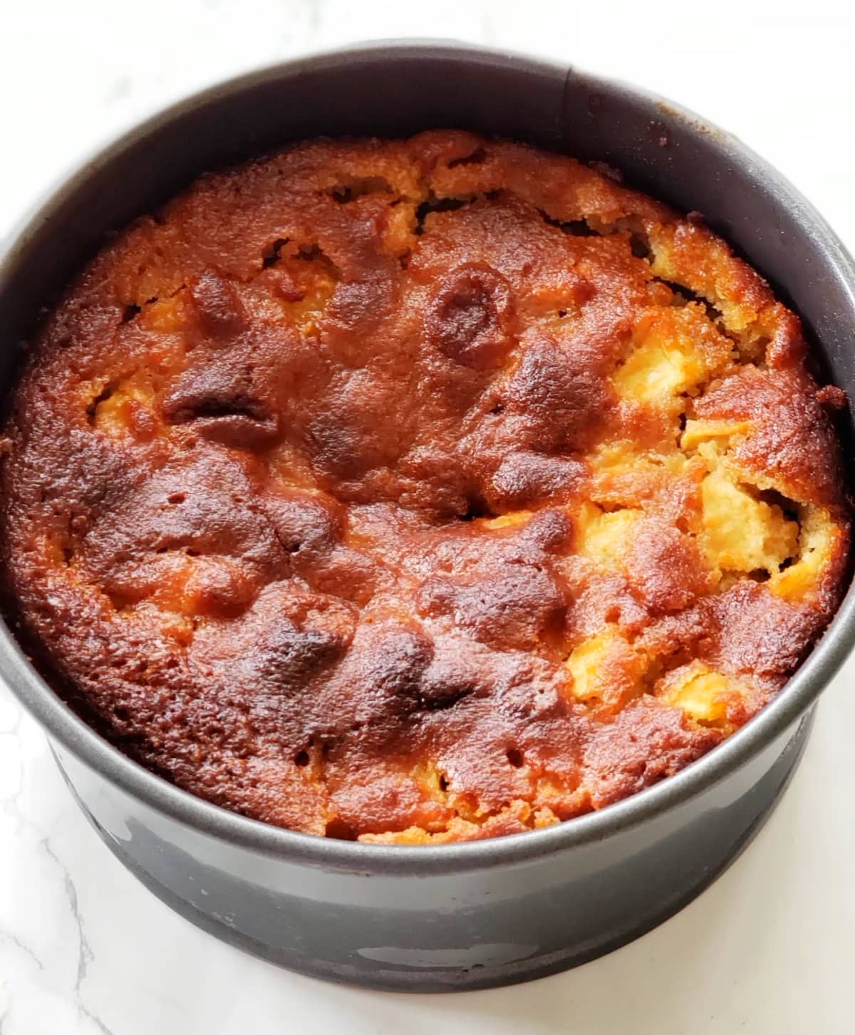 Brown-topped Apple Almond Olive Oil cake baked and out of the oven on a white counter