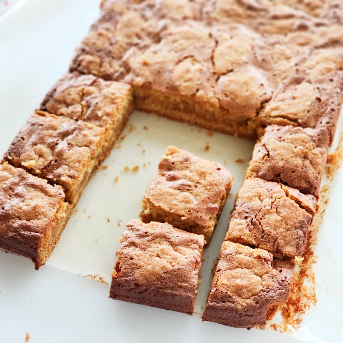 Almond Paste Squares cut on a white board